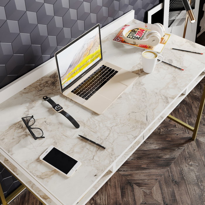 Hanah Home Mesa de Estudio Gold, Escritorio Glamuroso Blanco y Dorado, 120x75x60 cm